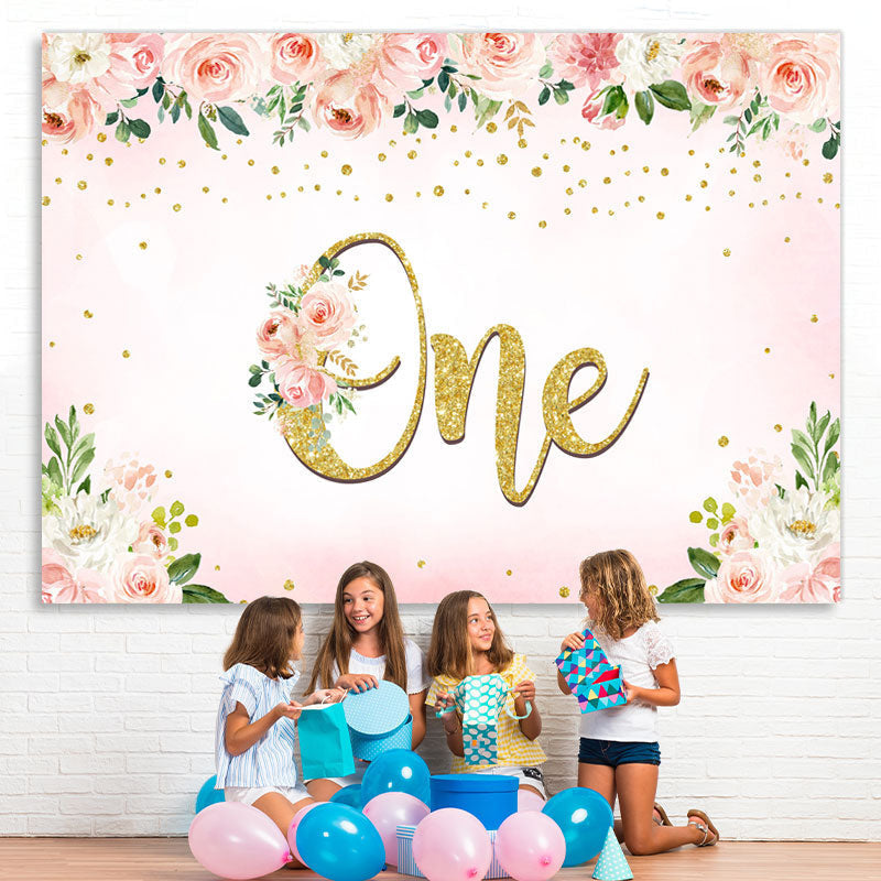 Lofaris Pink and White Roses Happy 1St Birthday Backdrop Girl