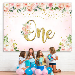 Lofaris Pink and White Roses Happy 1St Birthday Backdrop Girl