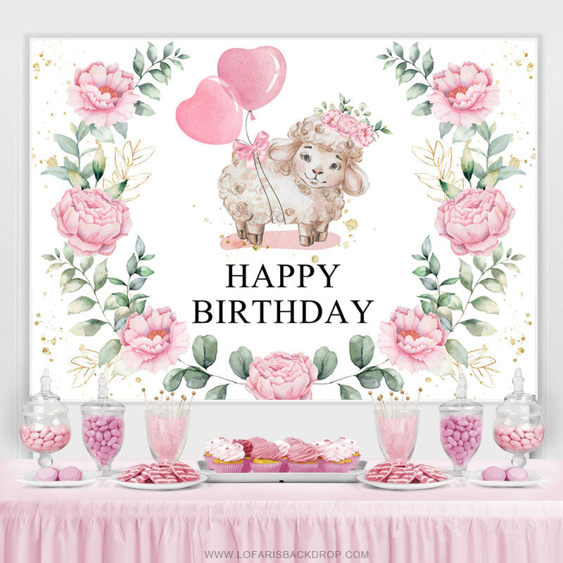 Lofaris Pink Balloon Floral And Little Sheep Birthday Backdrop