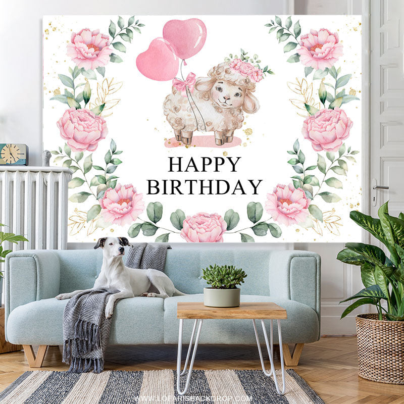 Lofaris Pink Balloon Floral And Little Sheep Birthday Backdrop