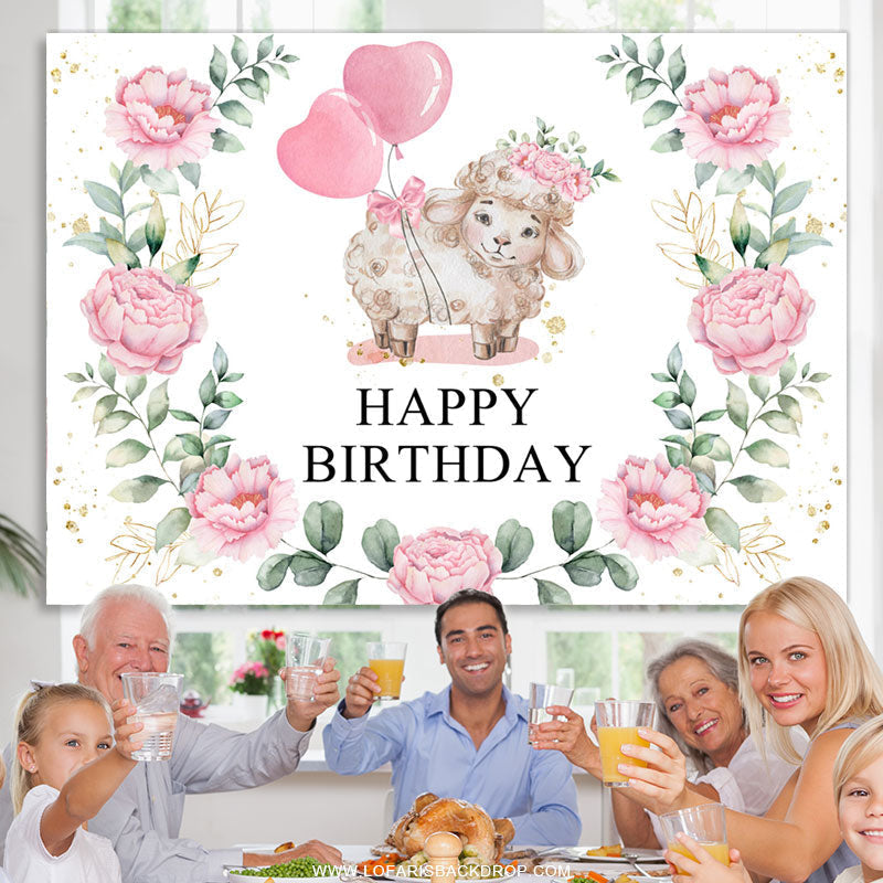 Lofaris Pink Balloon Floral And Little Sheep Birthday Backdrop