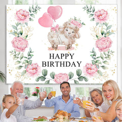Lofaris Pink Balloon Floral And Little Sheep Birthday Backdrop