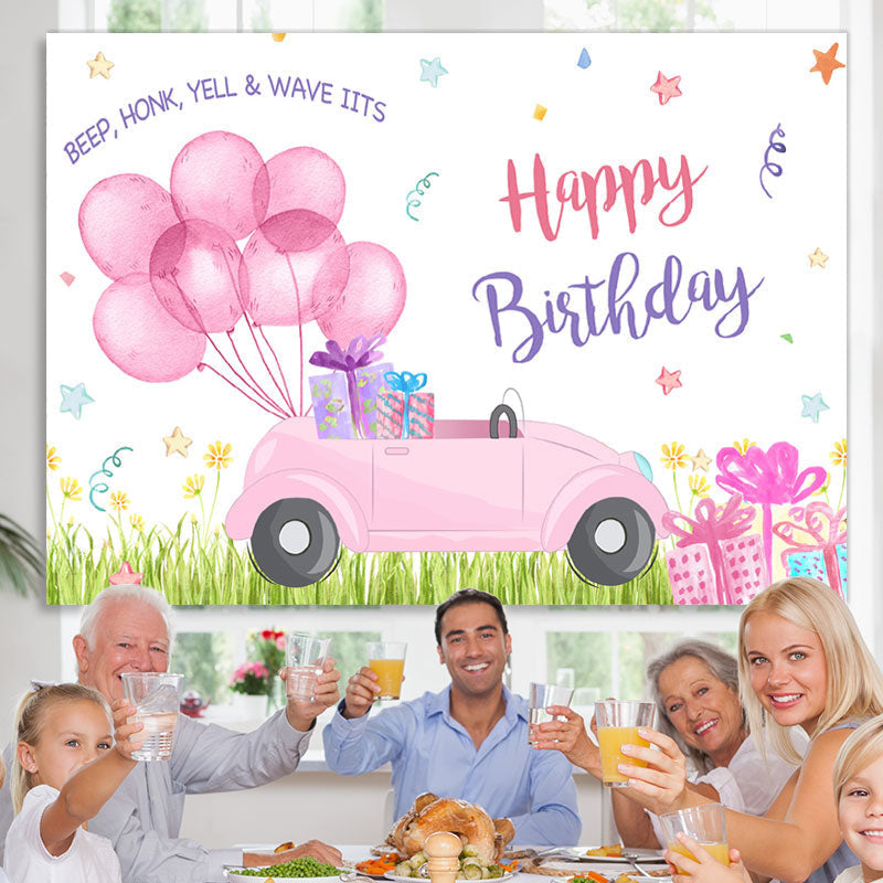Lofaris Pink Balloons Car Happy Birthday Backdrop For Girl