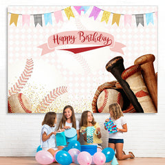 Lofaris Pink Baseball And Flags Themed Happy Birthday Backdrop