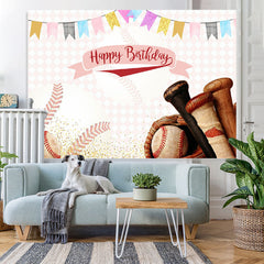 Lofaris Pink Baseball And Flags Themed Happy Birthday Backdrop