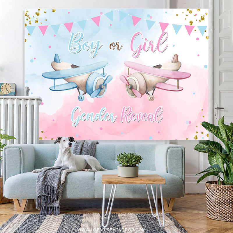 Lofaris Pink Blue Flags Helicopter Glitter Gender Reveal Backdrop