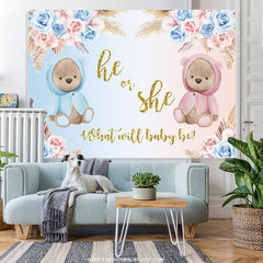 Lofaris Pink Blue Floral Teddy Bear Glitter Baby Shower Backdrop