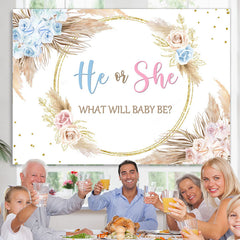 Lofaris Pink Blue He Or She Feather Floral Baby Shower Backdrop
