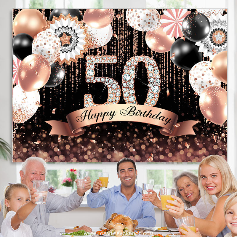 Lofaris Pink Bokeh Glitter Balloons Black 50th Birthday Backdrop