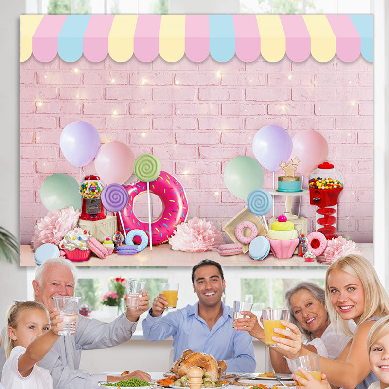 Lofaris Pink Bricks Dessert Themed Happy Birthday Backdrop