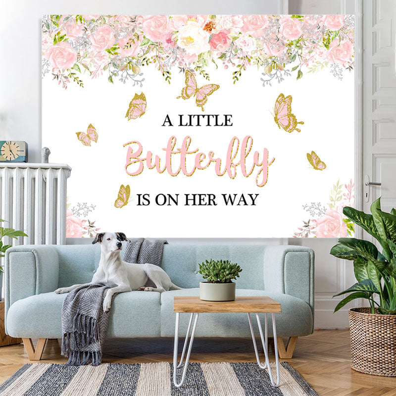 Lofaris Pink Butterfly And White Floral Baby Shower Backdrop