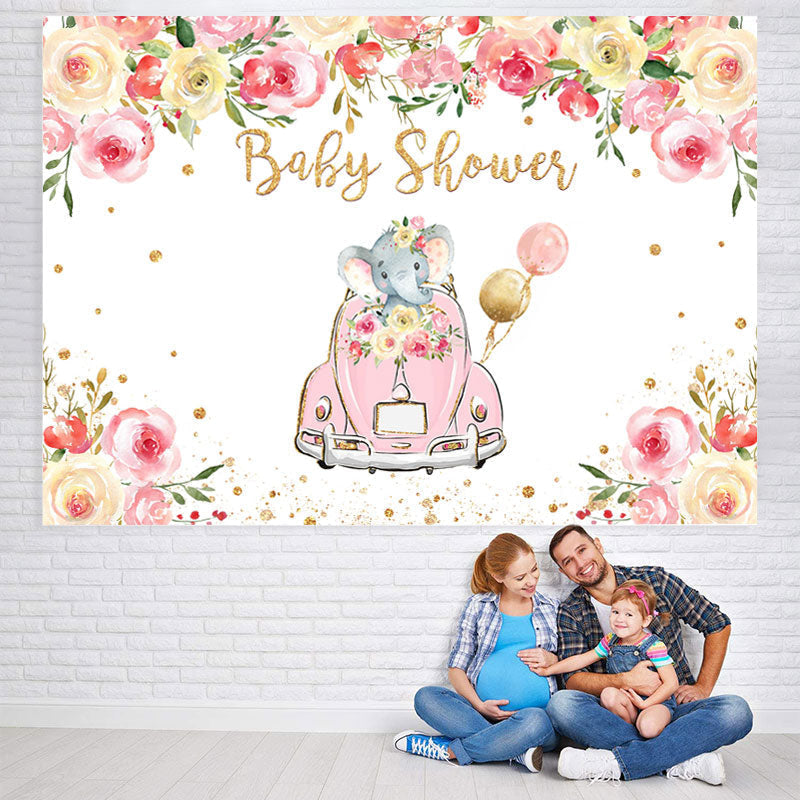 Lofaris Pink Car And Floral Elephant Baby Shower Backdrops
