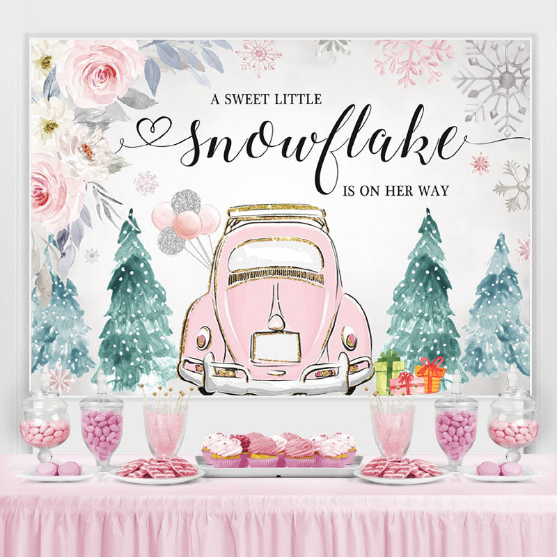 Lofaris Pink Car and Floral Winter Baby Shower Backdrop Girl