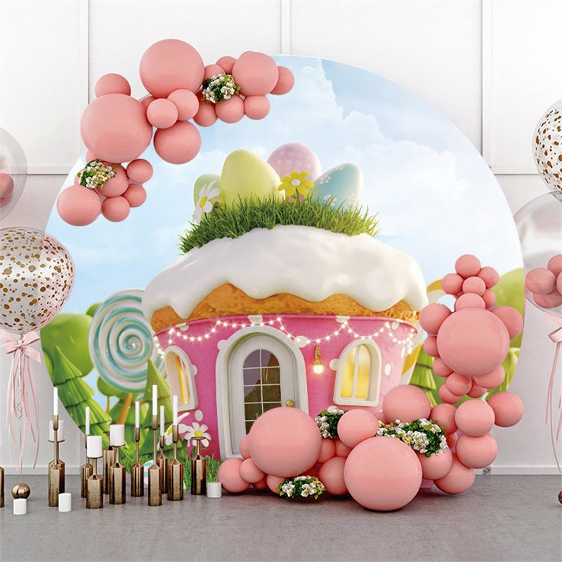 Lofaris Pink Cupcake In The Garden Round Easter Day Backdrop
