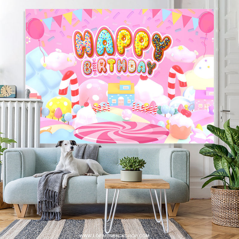 Lofaris Pink Dessert Candyland Theme Happy Birthday Backdrop