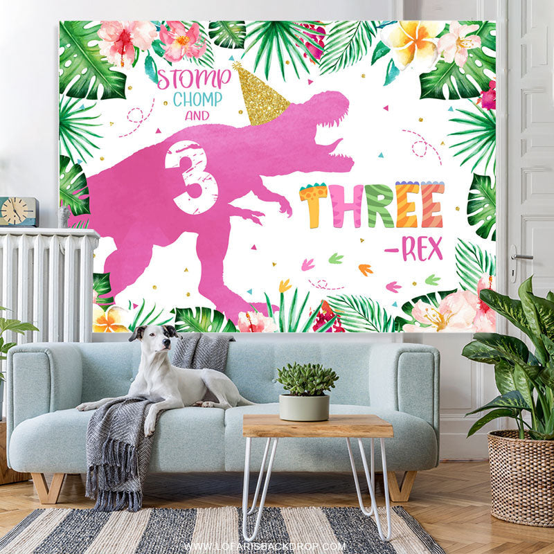 Lofaris Pink Dinosaur Rainforest Happy 3rd Birthday Backdrop