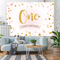 Lofaris Pink Dot Gold Glitter First Happy Birthday Backdrop
