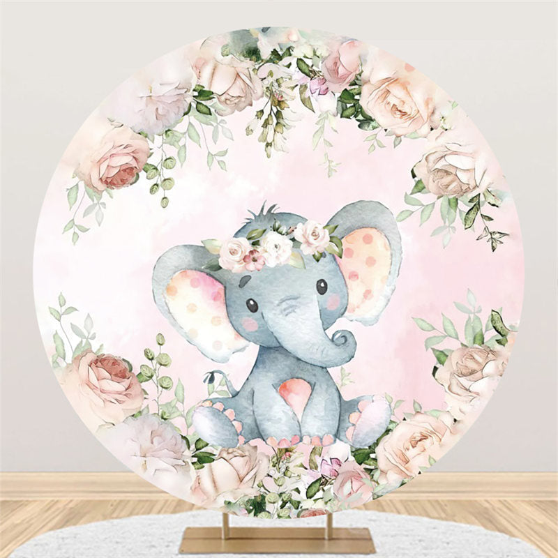 Lofaris Pink Elephant Wreath Floral Round Baby Shower Backdrop