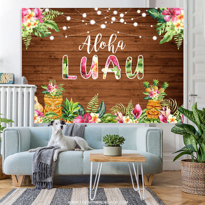 Lofaris Pink Floral Aloha Luau Brown Wood Birthday Backdrop