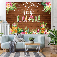 Lofaris Pink Floral Aloha Luau Brown Wood Birthday Backdrop