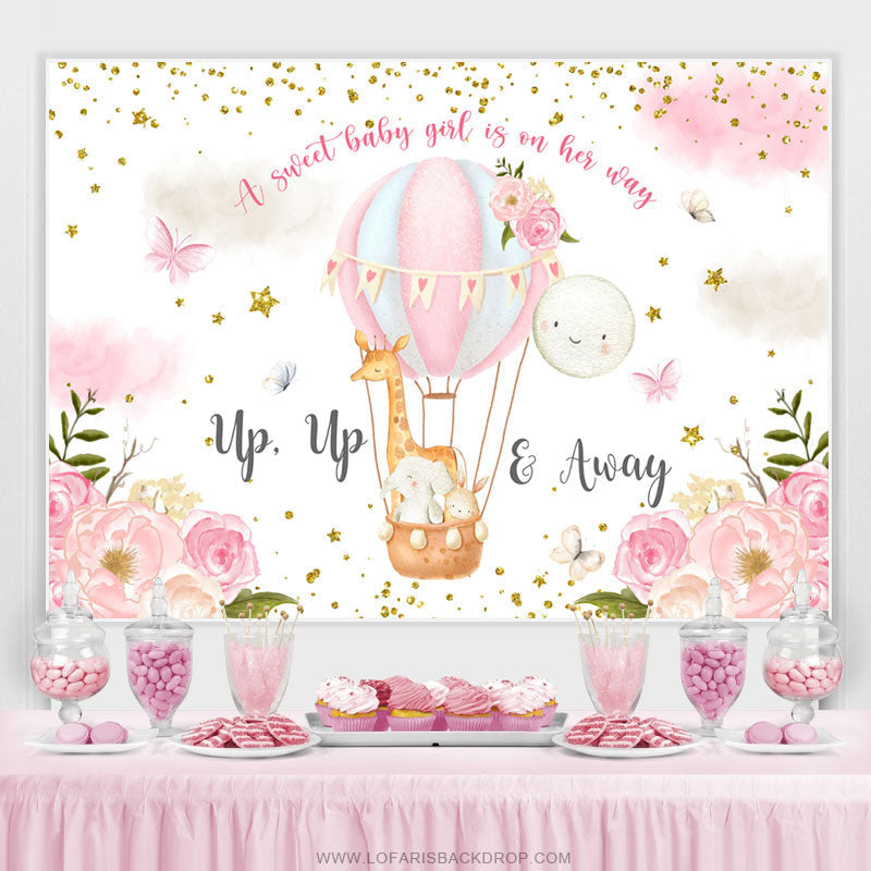 Lofaris Pink Floral And Air Balloons Girls Baby Shower Backdrop