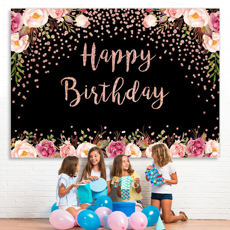 Lofaris Pink Floral And Black Bokeh Happy Birthday Backdrop
