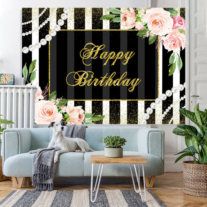 Lofaris Pink Floral And Black With White Birthday Backdrop