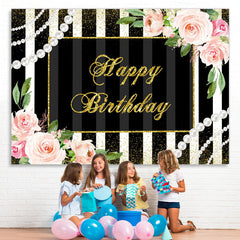 Lofaris Pink Floral And Black With White Birthday Backdrop