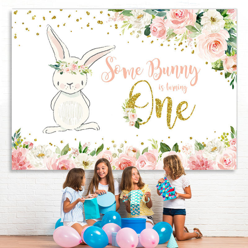 Lofaris Pink Floral And Bunny 1st Birthday Backdrop For Girl