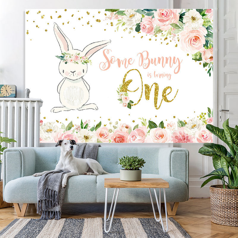 Lofaris Pink Floral And Bunny 1st Birthday Backdrop For Girl