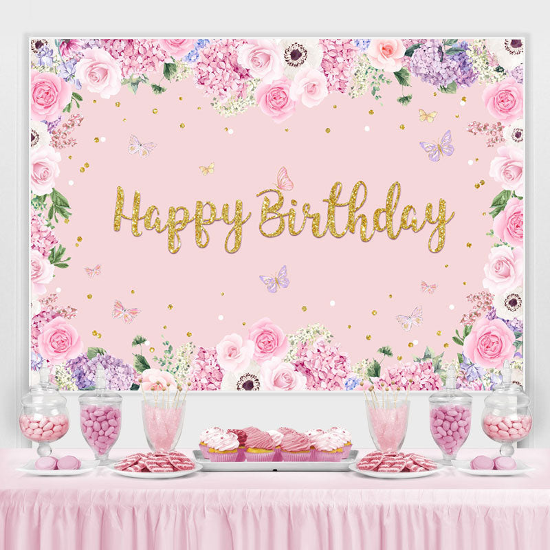 Lofaris Pink Floral And Butterfly Birthday Backdrop For Girl