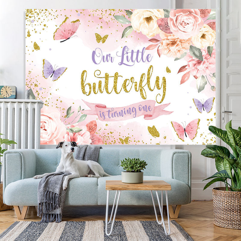 Lofaris Pink Floral And Butterful Glitter 1st Birthday Backdrop