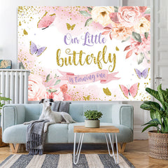 Lofaris Pink Floral And Butterful Glitter 1st Birthday Backdrop