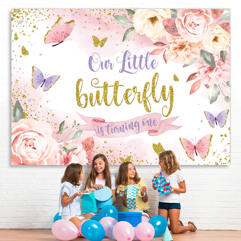 Lofaris Pink Floral And Butterful Glitter 1st Birthday Backdrop