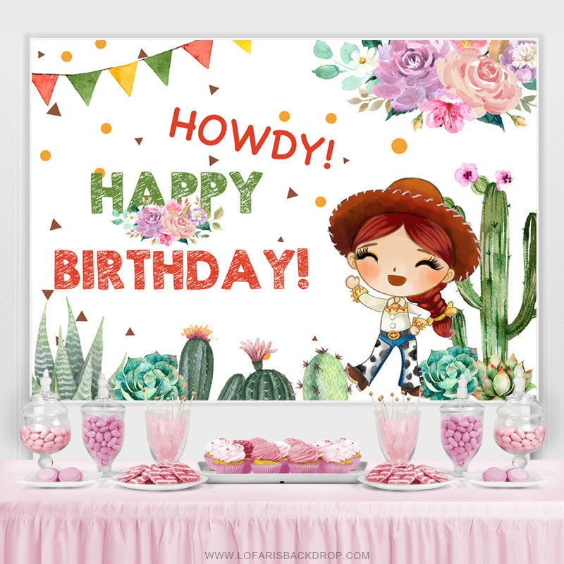 Lofaris Pink Floral And Cactus Howdy Birthday Backdrop For Cowgirl