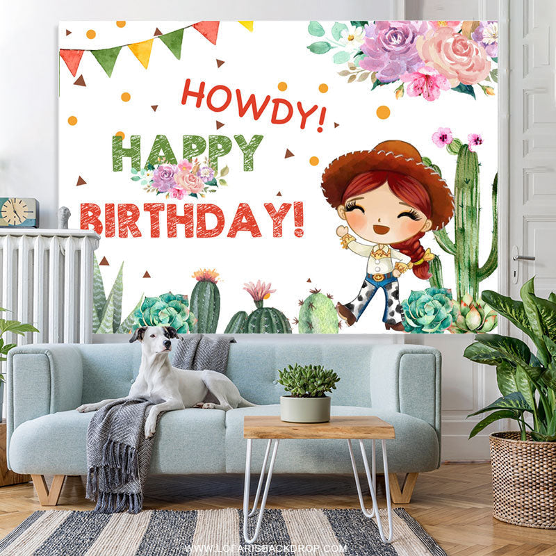 Lofaris Pink Floral And Cactus Howdy Birthday Backdrop For Cowgirl