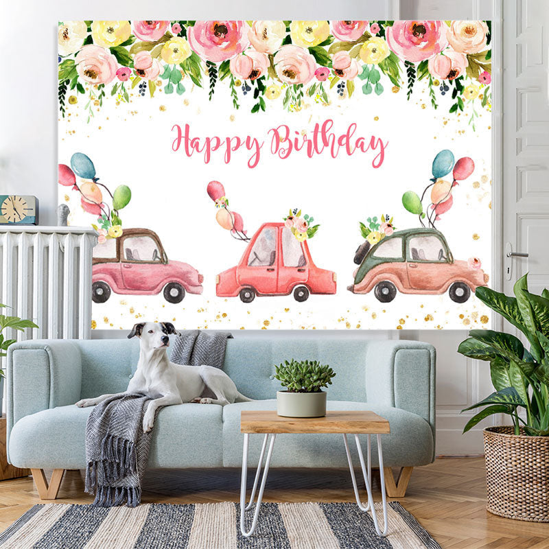 Lofaris Pink Floral And Car Party Parade Birthday Backdrop