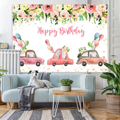 Lofaris Pink Floral And Car Party Parade Birthday Backdrop