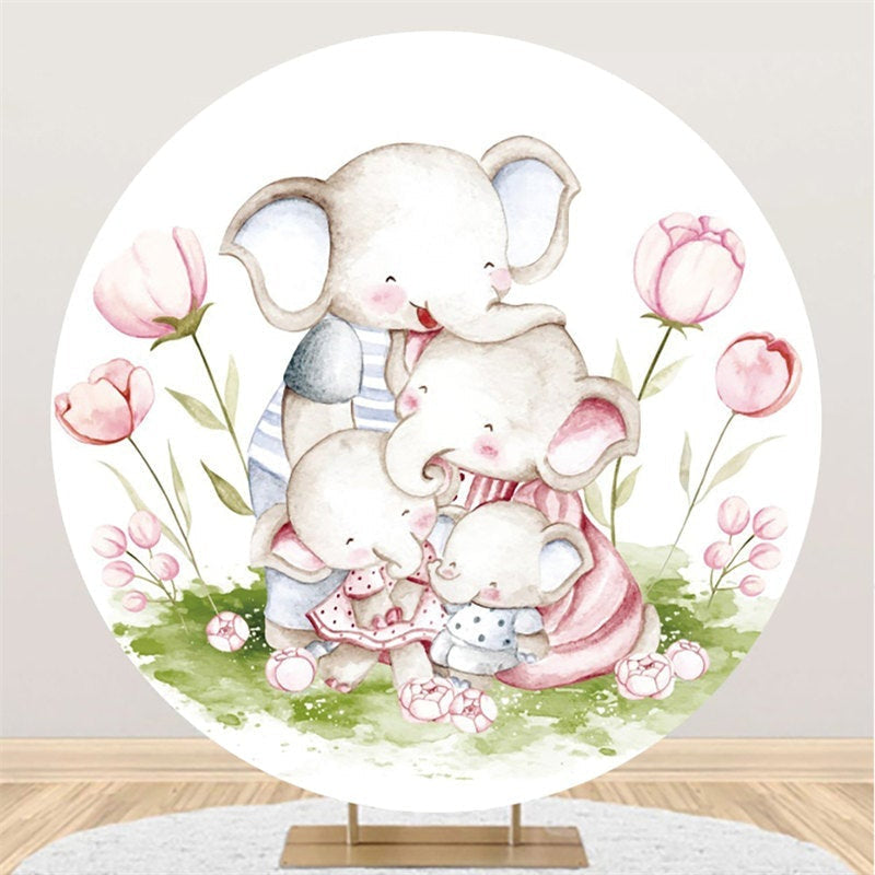Lofaris Pink Floral And Elephant Family Round Baby Shower Backdrop