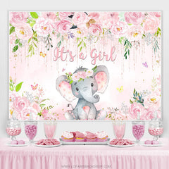 Lofaris Pink Floral And Elephant Its A Girl Baby Shower Backdrop