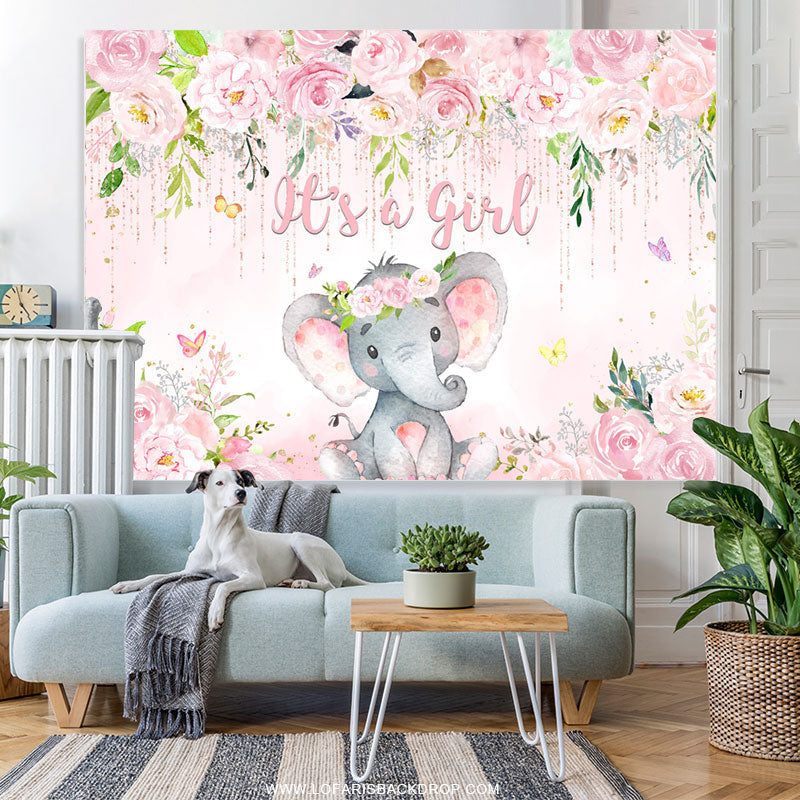 Lofaris Pink Floral And Elephant Its A Girl Baby Shower Backdrop
