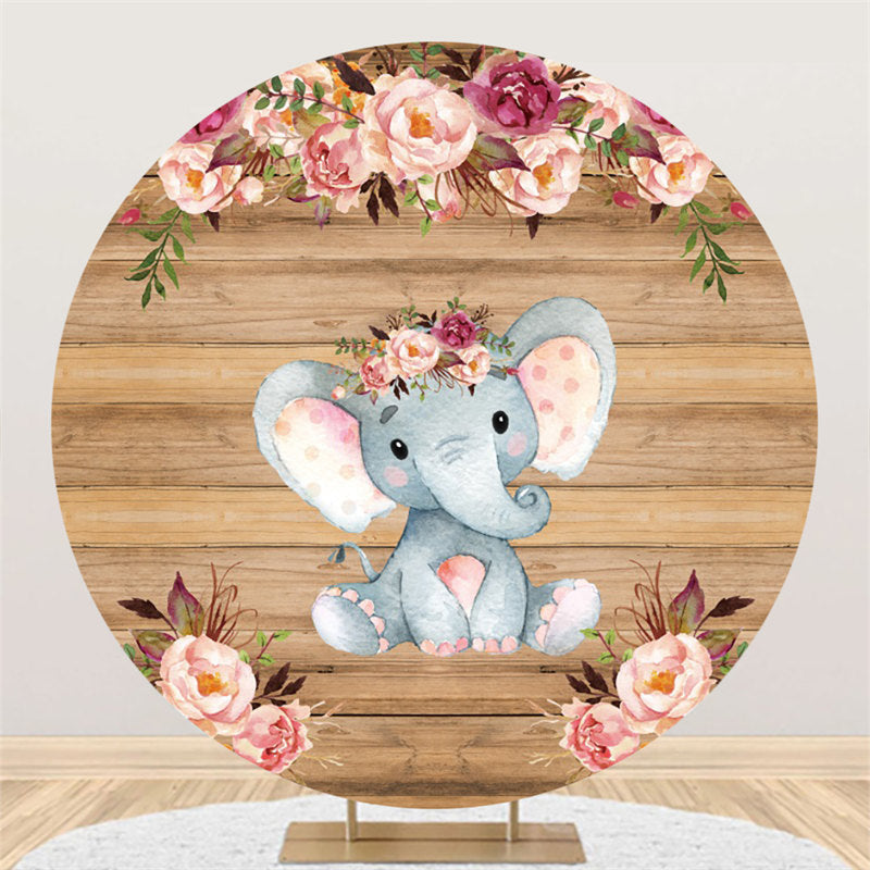 Lofaris Pink Floral And Elephant Round Log Baby Shower Backdrop