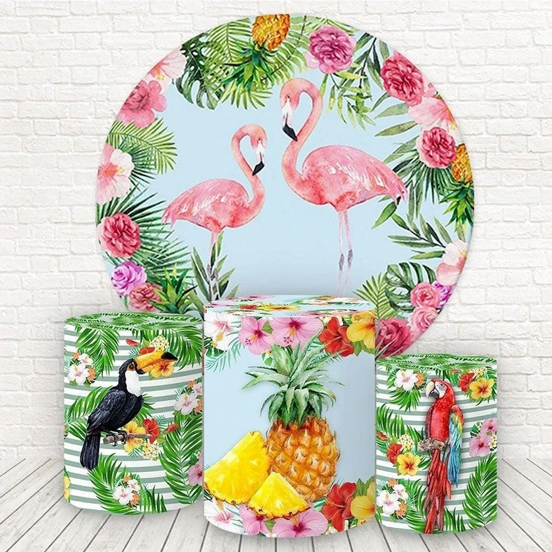 Lofaris Pink Floral And Flamingo Round Birthday Backdrop Kit