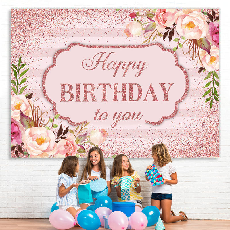 Lofaris Pink Floral and Glitter Happy Birthday to You Backdrop