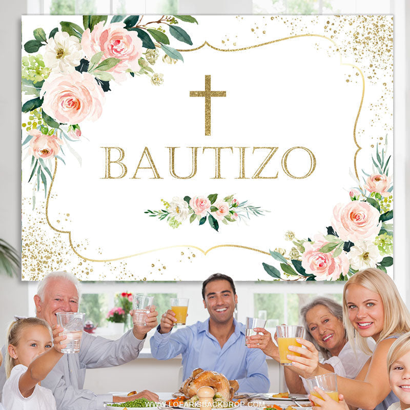 Lofaris Pink Floral And Gold Glitter Bautizo Baby Shower Backdrop