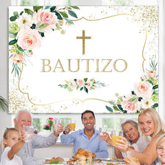 Lofaris Pink Floral And Gold Glitter Bautizo Baby Shower Backdrop