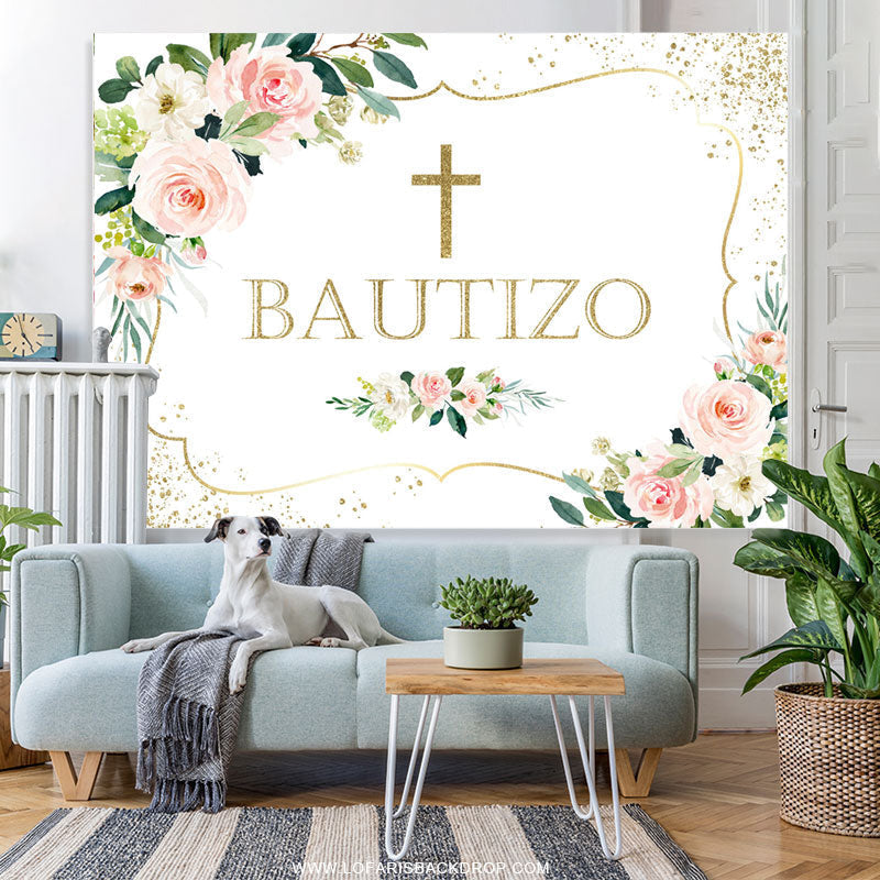 Lofaris Pink Floral And Gold Glitter Bautizo Baby Shower Backdrop