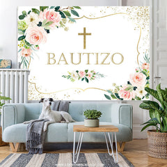 Lofaris Pink Floral And Gold Glitter Bautizo Baby Shower Backdrop