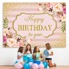 Lofaris Pink Floral and Gold Glitter Happy Birthday Backdrop