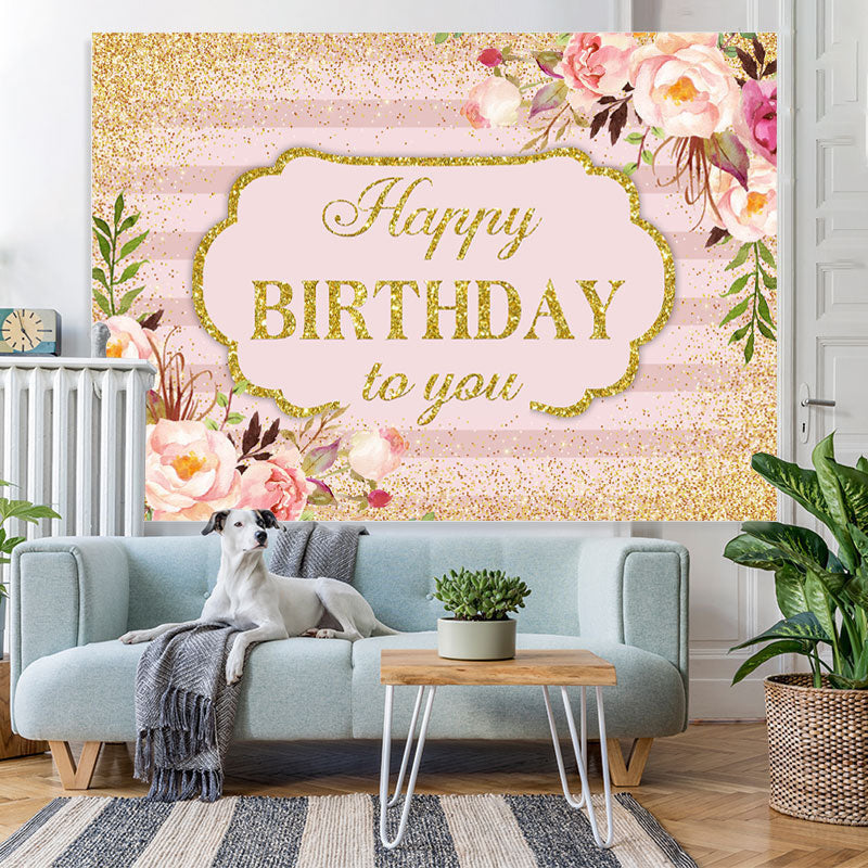 Lofaris Pink Floral and Gold Glitter Happy Birthday Backdrop